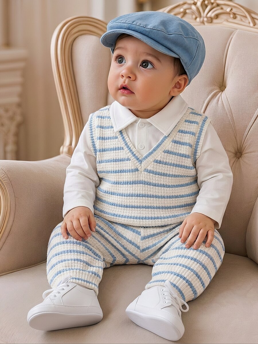 Souflis Souflis 2pcs Baby Boys Gentleman Style Blue White Striped Fake 2-In-1 V-Neck Knit Vest Shirt & Striped Pants Set Formal Spring Autumn - Blue - View 1