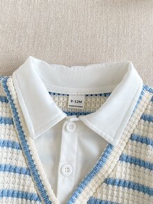 Souflis Souflis 2pcs Baby Boys Gentleman Style Blue White Striped Fake 2-In-1 V-Neck Knit Vest Shirt & Striped Pants Set Formal Spring Autumn - Blue - View 5