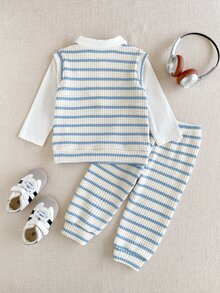 Souflis Souflis 2pcs Baby Boys Gentleman Style Blue White Striped Fake 2-In-1 V-Neck Knit Vest Shirt & Striped Pants Set Formal Spring Autumn - Blue - View 2