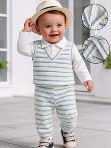 Souflis Souflis 2pcs Baby Boys Gentleman Style Blue White Striped Fake 2-In-1 V-Neck Knit Vest Shirt & Striped Pants Set Formal Spring Autumn - Blue - View 3