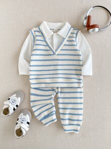 Souflis Souflis 2pcs Baby Boys Gentleman Style Blue White Striped Fake 2-In-1 V-Neck Knit Vest Shirt & Striped Pants Set Formal Spring Autumn - Blue - View 4
