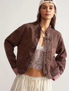Bohemela Women's Long Sleeve Frog Button Design Casual Vintage Jacket Everyday Travel Pink And Brown Autumn - Brown - View 3