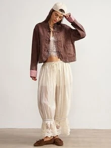 Bohemela Women's Long Sleeve Frog Button Design Casual Vintage Jacket Everyday Travel Pink And Brown Autumn - Brown - View 6