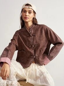 Bohemela Women's Long Sleeve Frog Button Design Casual Vintage Jacket Everyday Travel Pink And Brown Autumn - Brown - View 5
