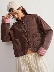 Bohemela Women's Long Sleeve Frog Button Design Casual Vintage Jacket Everyday Travel Pink And Brown Autumn - Brown - View 4