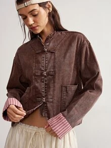 Bohemela Women's Long Sleeve Frog Button Design Casual Vintage Jacket Everyday Travel Pink And Brown Autumn - Brown - View 2