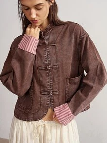 Bohemela Women's Long Sleeve Frog Button Design Casual Vintage Jacket Everyday Travel Pink And Brown Autumn - Brown - View 1