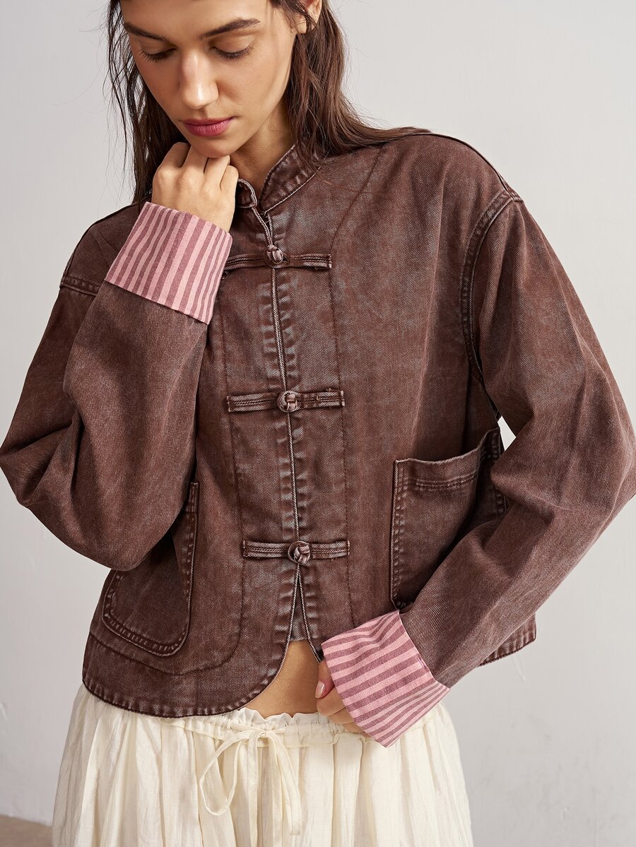 Bohemela Women's Long Sleeve Frog Button Design Casual Vintage Jacket Everyday Travel Pink And Brown Autumn - Brown - View 1
