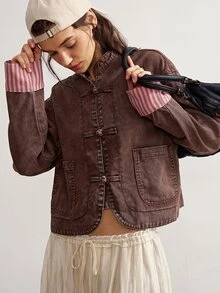 Bohemela Women's Long Sleeve Frog Button Design Casual Vintage Jacket Everyday Travel Pink And Brown Autumn - Brown - View 8