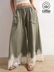 Bohemela Casual Solid Color Knit Contrast Lace Loose Washed Women's Long Pants - Green - View 2
