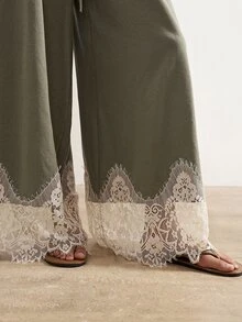 Bohemela Casual Solid Color Knit Contrast Lace Loose Washed Women's Long Pants - Green - View 7