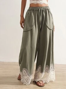 Bohemela Casual Solid Color Knit Contrast Lace Loose Washed Women's Long Pants - Green - View 1