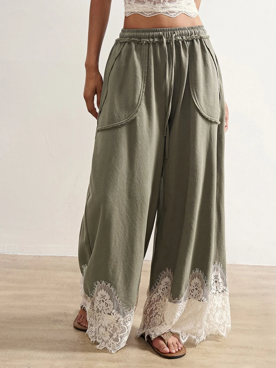 Bohemela Casual Solid Color Knit Contrast Lace Loose Washed Women's Long Pants - Green - View 1