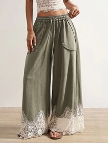 Bohemela Casual Solid Color Knit Contrast Lace Loose Washed Women's Long Pants - Green - View 4