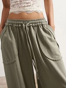 Bohemela Casual Solid Color Knit Contrast Lace Loose Washed Women's Long Pants - Green - View 3