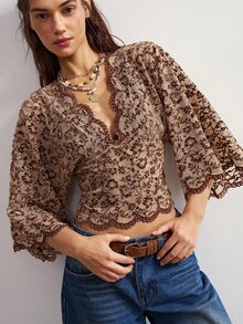Bohemela Casual Floral Lace Curved Hem V-Neck Lantern Sleeve Blouse - Brown - View 2