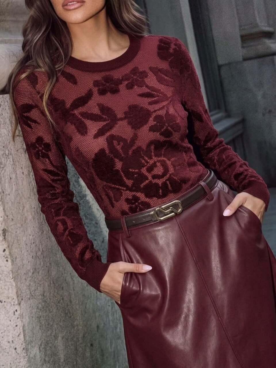 Autumn Black Elegant Long Sleeve Women's Sweater Round Neck Sheer Hollow Organza Jacquard Knit Top