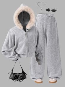SHEIN 2件組 青少年女孩連帽長袖拉鍊夾克與束口短版連帽衫，彈性腰寬鬆寬腿休閒運動長褲，灰色，秋季校園風 - 灰色 - 查看 3