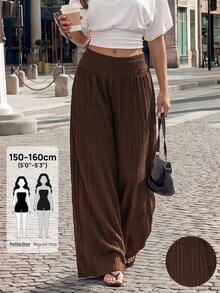 SHEIN PETITE Women's Solid Color Pleated Wide Leg Loose Casual Long Pants - Brown - View 1