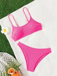 SHEIN Swim Women's Solid Color Pink Bikini Set For Summer Beach, Bathing Suit Set - Hot Pink - View 5