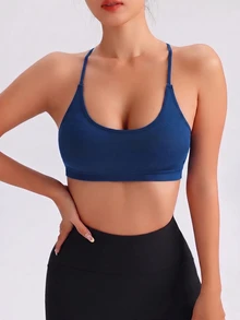 SHEIN Sports Solid Color Backless Halter Seamless Sports Bra - Navy Blue - View 2