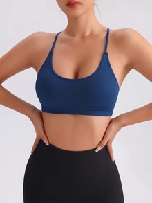 SHEIN Sports Solid Color Backless Halter Seamless Sports Bra - Navy Blue - View 5