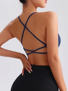SHEIN Sports Solid Color Backless Halter Seamless Sports Bra - Navy Blue - View 4