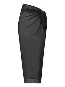 Swim Oasis 2026 New Spring/Summer Women 2pcs Solid Color Swimsuit With Mesh Maxi Dress, Beach Vacation Casual Swimwear Set - Black - View 4