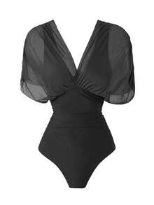 Swim Oasis 2026 New Spring/Summer Women 2pcs Solid Color Swimsuit With Mesh Maxi Dress, Beach Vacation Casual Swimwear Set - Black - View 3