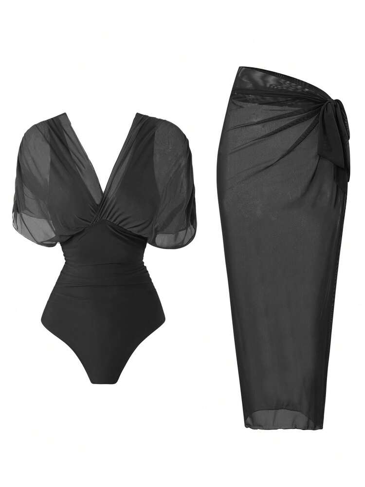 Swim Oasis 2026 New Spring/Summer Women 2pcs Solid Color Swimsuit With Mesh Maxi Dress, Beach Vacation Casual Swimwear Set - Black - View 7