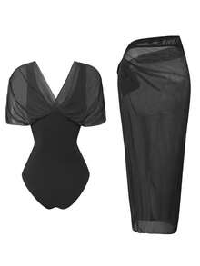 Swim Oasis 2026 New Spring/Summer Women 2pcs Solid Color Swimsuit With Mesh Maxi Dress, Beach Vacation Casual Swimwear Set - Black - View 2