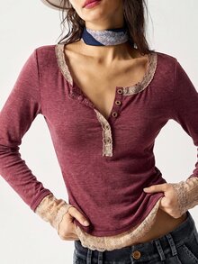 Bohemela Casual Solid Color Knit Women's T-Shirt - Burgundy - View 6