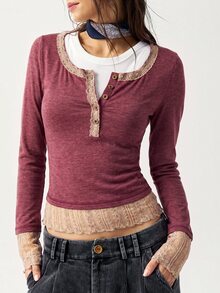 Bohemela Casual Solid Color Knit Women's T-Shirt - Burgundy - View 3