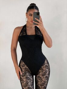 Sirith Women's Sexy Vacation Lace Patchwork Halter Neck Jumpsuit - Black - View 6