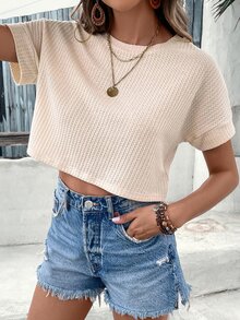 SHEIN VCAY Spring Solid Batwing Sleeve Crop Tee - Apricot - View 4