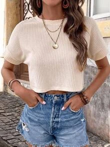 SHEIN VCAY Spring Solid Batwing Sleeve Crop Tee - Apricot - View 1