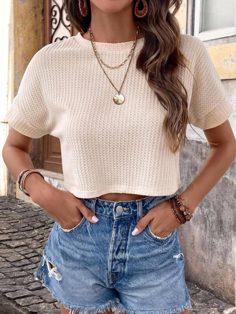SHEIN VCAY Spring Solid Batwing Sleeve Crop Tee - Apricot - View 1