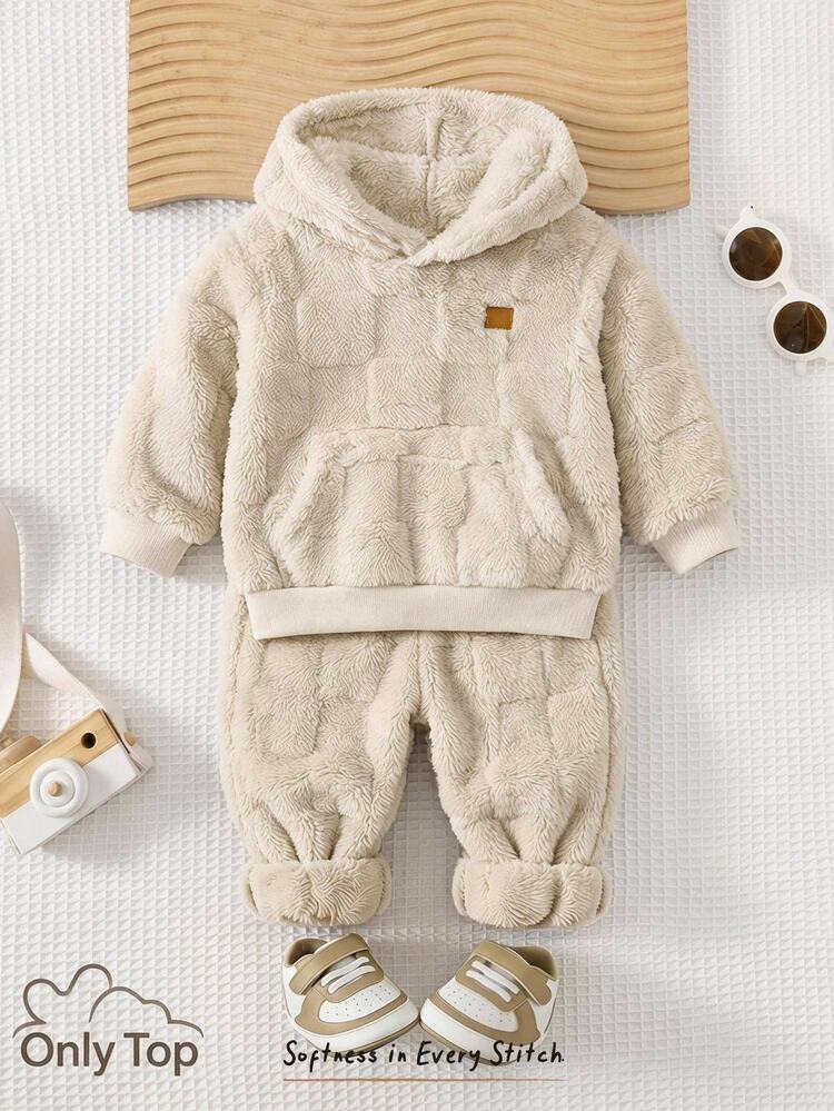 Cozy Pixies Baby Boy Decorative Woven Label Thermal Lined Thick Hooded Long Sleeve Pullover Autumn Winter Sweatshirt - Apricot - View 7