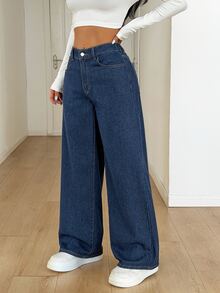 SHEIN PETITE 女款時尚街頭鈕扣口袋寬鬆牛仔褲 秋冬 正式商務時尚 基本款 哥德風 萬聖節聖誕節節慶 毛茸茸抓絨 PETITE - 藍色 - 查看 6
