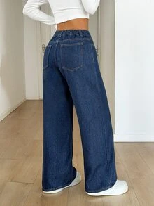 SHEIN PETITE 女款時尚街頭鈕扣口袋寬鬆牛仔褲 秋冬 正式商務時尚 基本款 哥德風 萬聖節聖誕節節慶 毛茸茸抓絨 PETITE - 藍色 - 查看 3