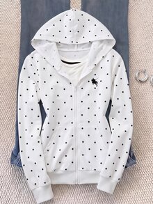 青少年女孩休閒運動灰色小馬刺繡裝飾連帽開襟衛衣，秋冬款 - 黑與白 - 查看 5
