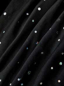 SHEIN MOD Women 1pc Black Rhinestone Mesh Asymmetrical Neck Bell Sleeve Ruched A Line Mini Dress Sweet Sparkly Girl Fall Autumn Christmas Party Going Out - Black - View 12