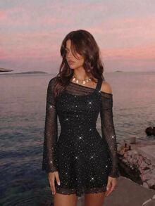SHEIN MOD Women 1pc Black Rhinestone Mesh Asymmetrical Neck Bell Sleeve Ruched A Line Mini Dress Sweet Sparkly Girl Fall Autumn Christmas Party Going Out - Black - View 2