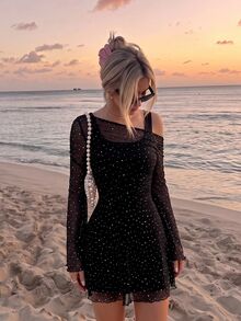 SHEIN MOD Women 1pc Black Rhinestone Mesh Asymmetrical Neck Bell Sleeve Ruched A Line Mini Dress Sweet Sparkly Girl Fall Autumn Christmas Party Going Out - Black - View 1