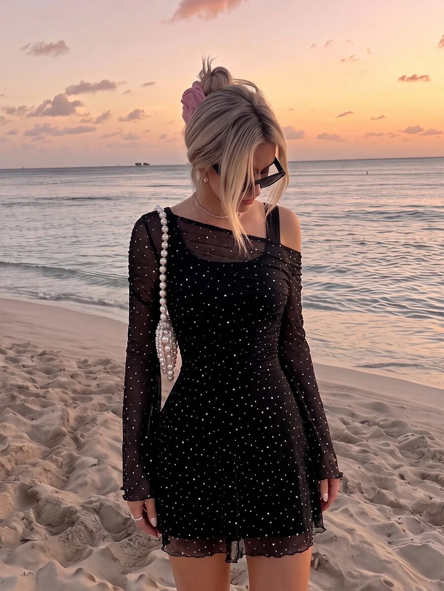 SHEIN MOD Women 1pc Black Rhinestone Mesh Asymmetrical Neck Bell Sleeve Ruched A Line Mini Dress Sweet Sparkly Girl Fall Autumn Christmas Party Going Out - Black - View 1