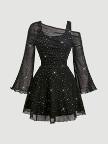 SHEIN MOD Women 1pc Black Rhinestone Mesh Asymmetrical Neck Bell Sleeve Ruched A Line Mini Dress Sweet Sparkly Girl Fall Autumn Christmas Party Going Out - Black - View 9