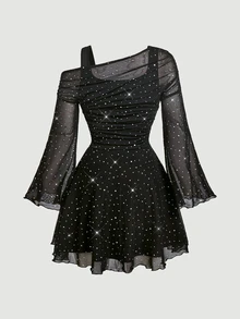 SHEIN MOD Women 1pc Black Rhinestone Mesh Asymmetrical Neck Bell Sleeve Ruched A Line Mini Dress Sweet Sparkly Girl Fall Autumn Christmas Party Going Out - Black - View 10