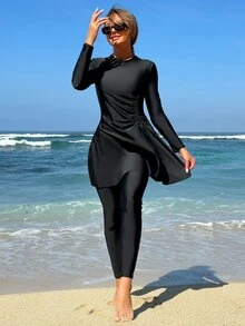 Swim Mulvari 2 件套女式高领抽绳长袖上衣和裤子海滩度假布基尼套装夏季阿拉伯服装 - 黑色 - 查看 5