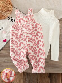 SHEIN Playful Pals 1件嬰兒連身褲，甜美酷感風格，粉色豹紋印花，無袖肩帶設計，前口袋與肩扣細節，毛絨質感，寬鬆版型，適合外出與日常穿著，秋冬款 - 粉色 - 查看 1