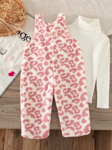 SHEIN Playful Pals 1件嬰兒連身褲，甜美酷感風格，粉色豹紋印花，無袖肩帶設計，前口袋與肩扣細節，毛絨質感，寬鬆版型，適合外出與日常穿著，秋冬款 - 粉色 - 查看 4